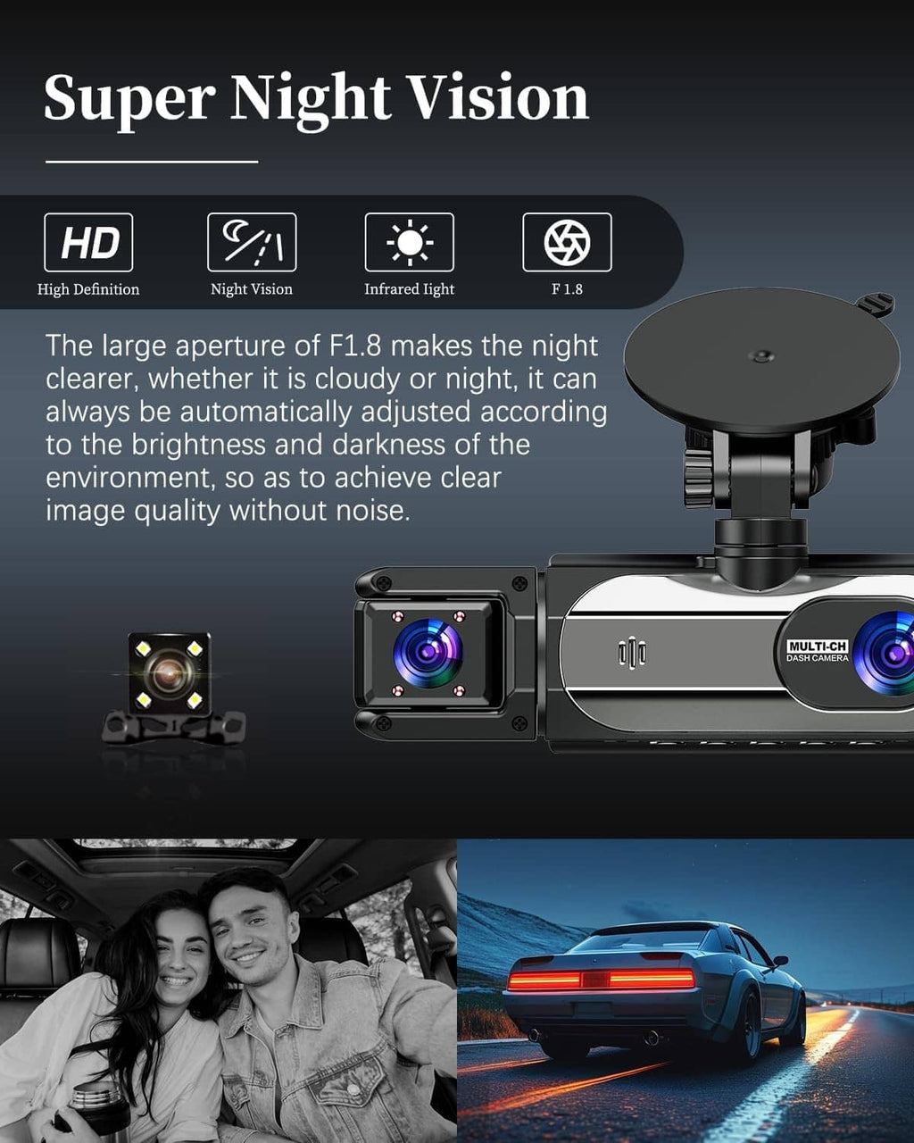 Super night vision dash cam with front and rear camera modules and enhanced low-light lens