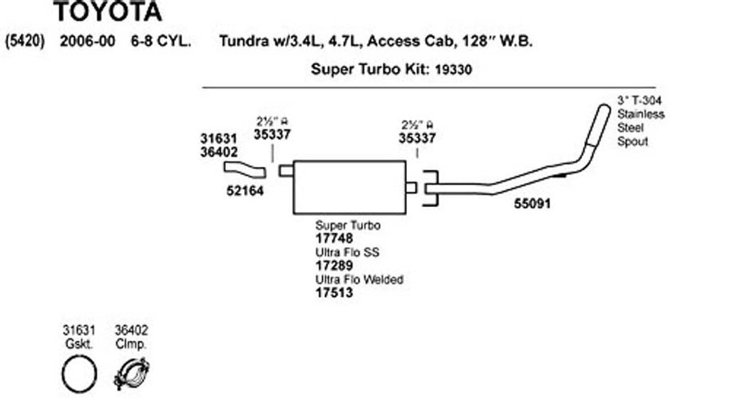 Exhaust system parts diagram showing clamp callouts and part numbers