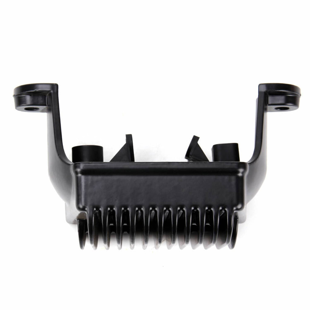 Black voltage regulator rectifier underside view with fin section and mounting arms