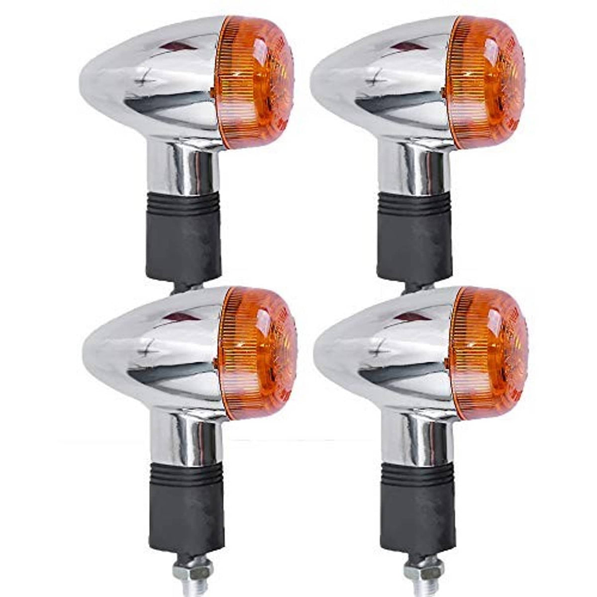 Set of 4 motorcycle turn signal lights, amber lens bulbs with chrome housings and black stems