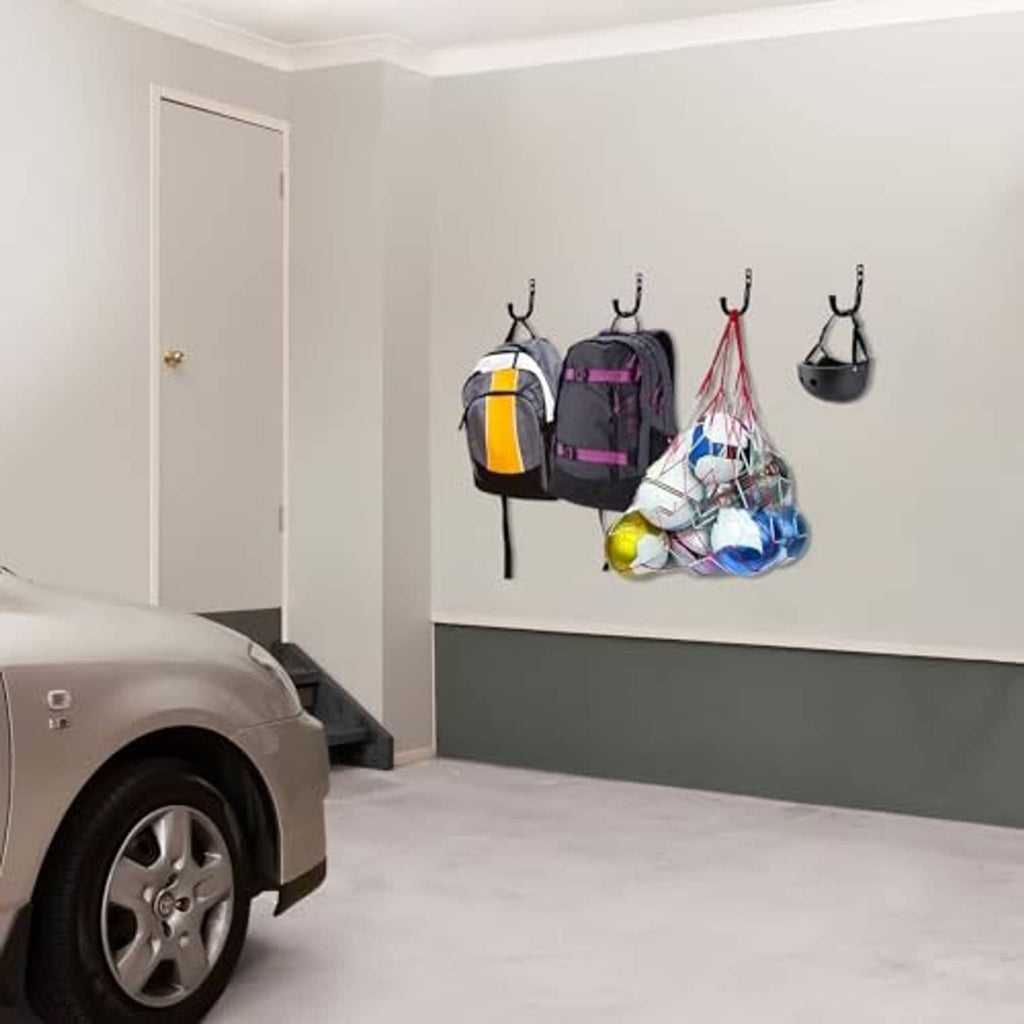 Black dual-prong wall hooks with multiple hang points for bags and accessories