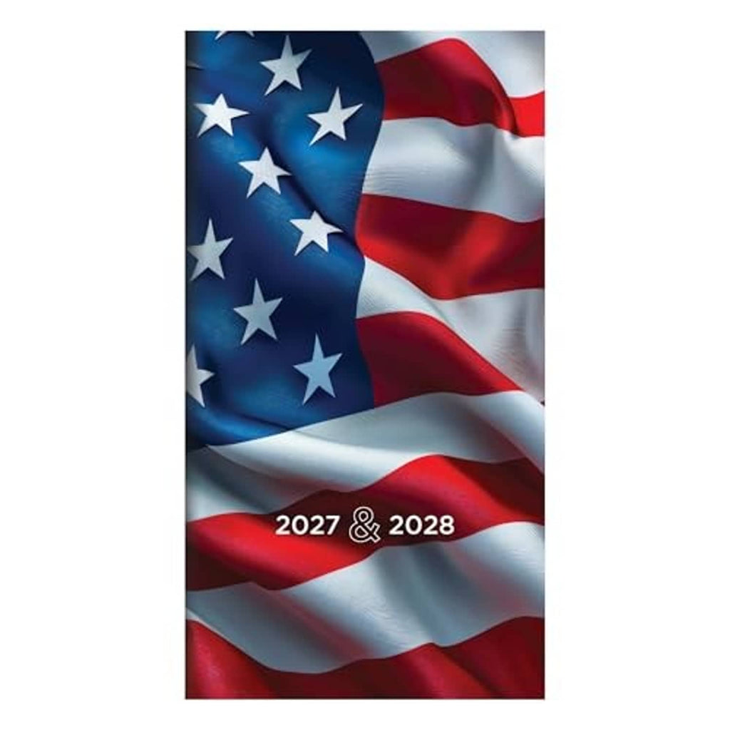 Pocket planner cover with American flag waves and 2027 & 2028 at bottom