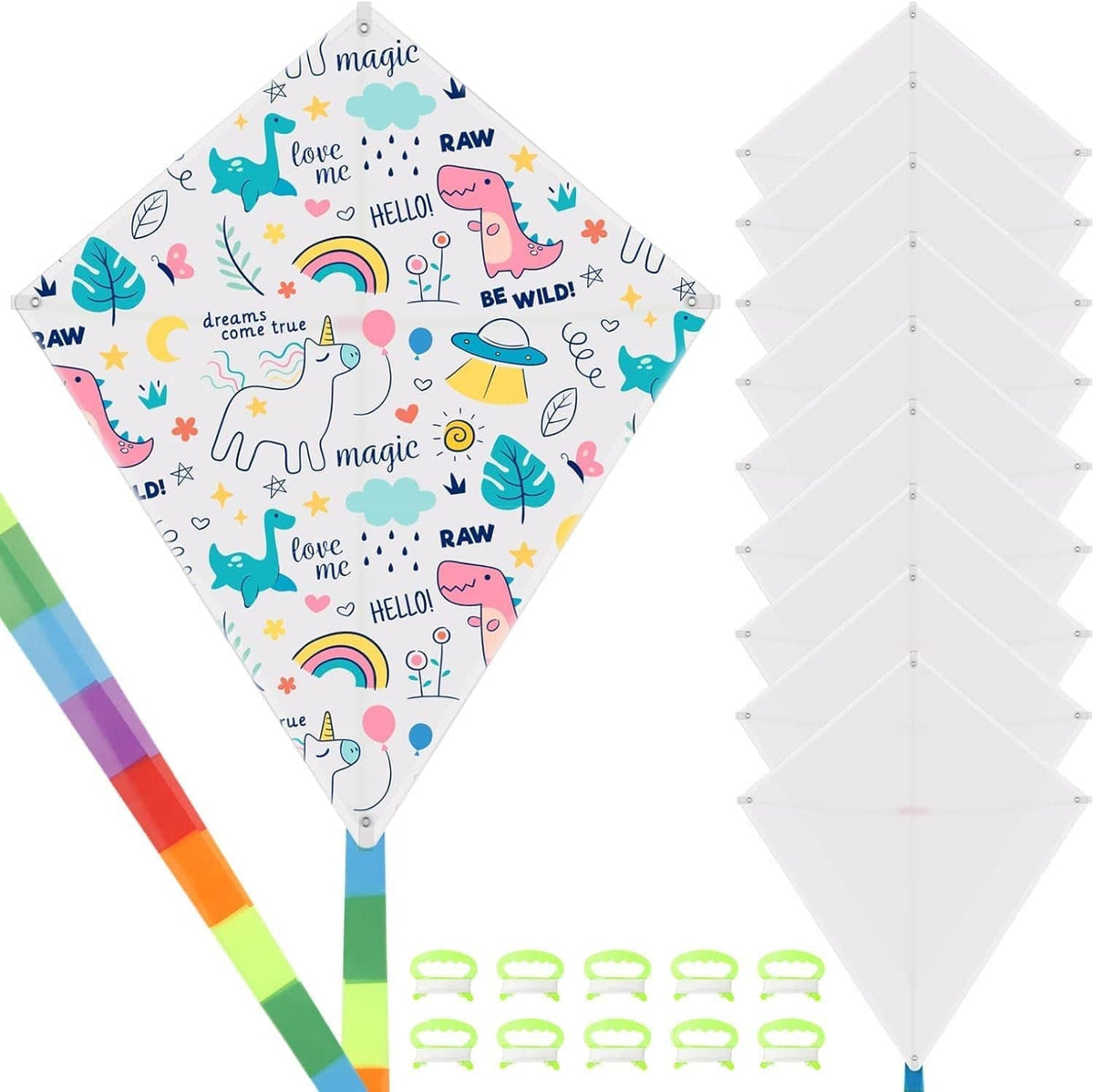 Unicorn-pattern diamond kite with colorful tail strips, shown with white frame kite