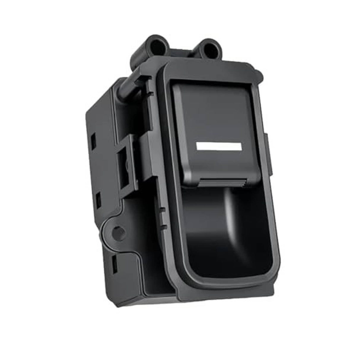 Power window switch module angled view with dark bezel and side mounting structure