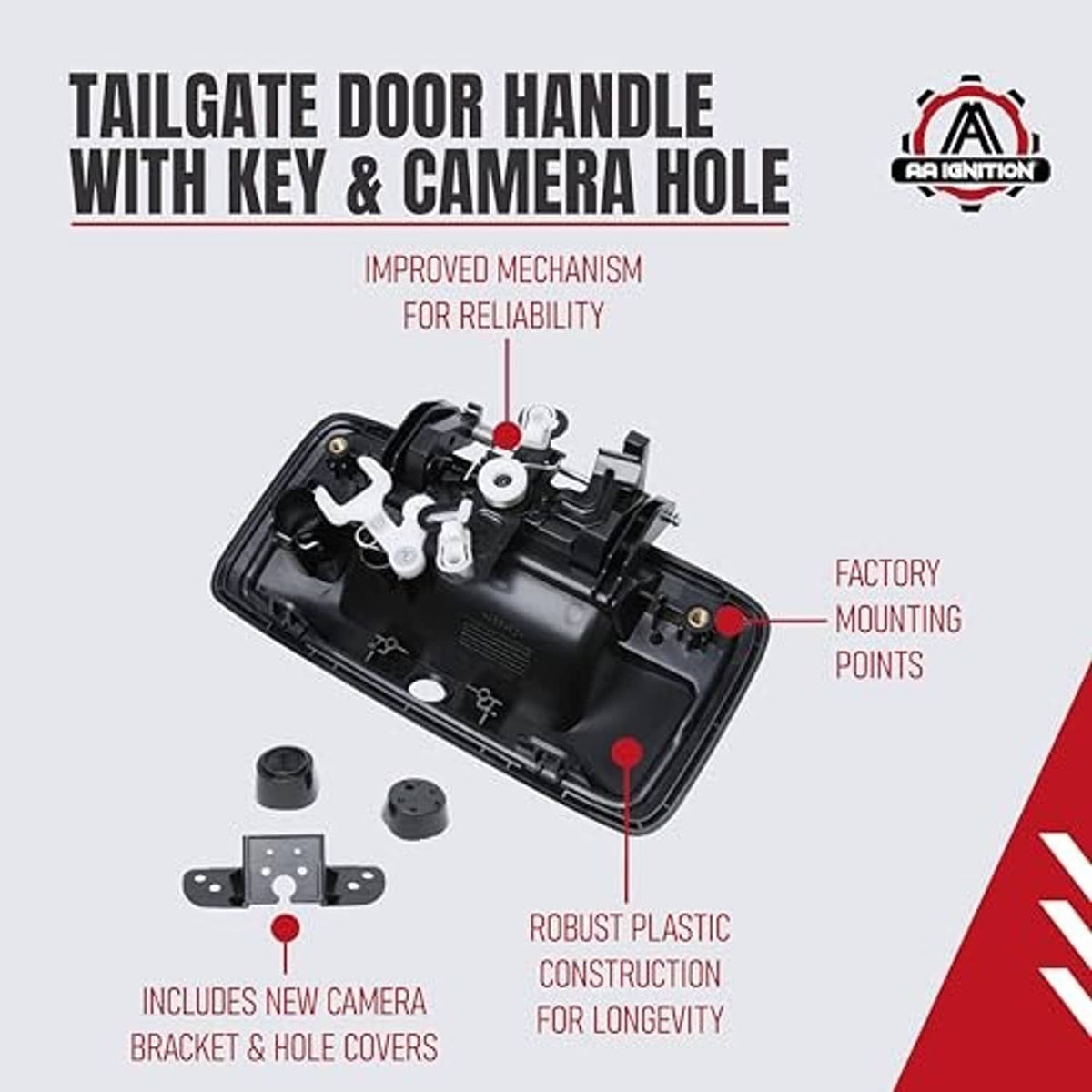 Black tailgate door handle assembly with backup camera-hole cover and bracket