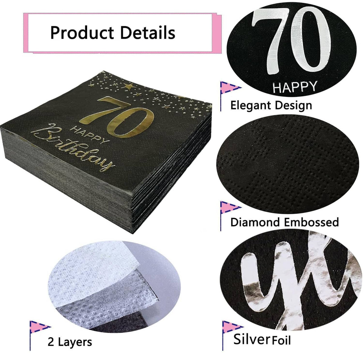 Black 70th birthday napkins with stars, silver foil “70 Happy Birthday,” embossed texture