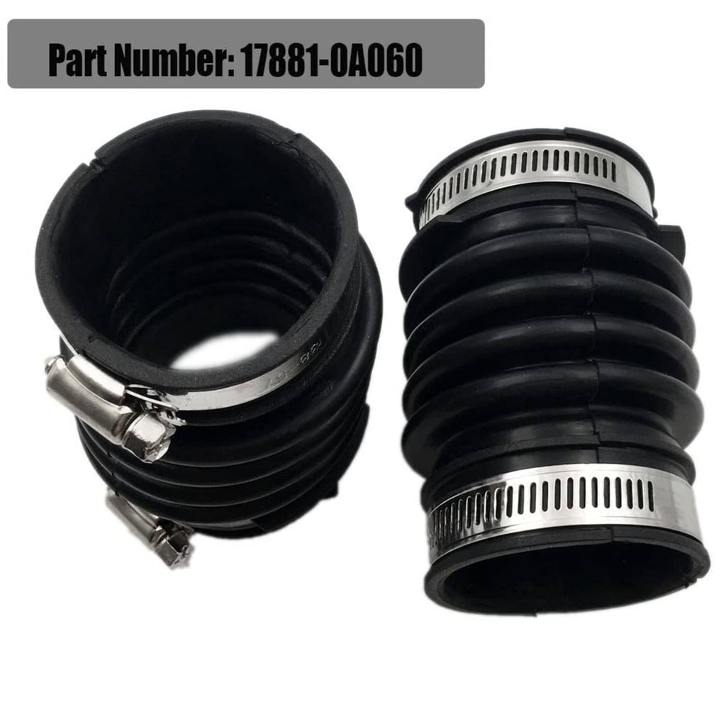 Black corrugated air intake hoses with silver clamps, pair view, metal band detail