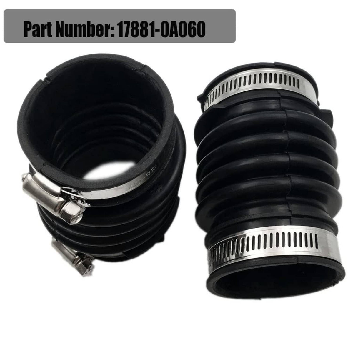 Black corrugated air intake hoses with silver clamps, pair view, metal band detail