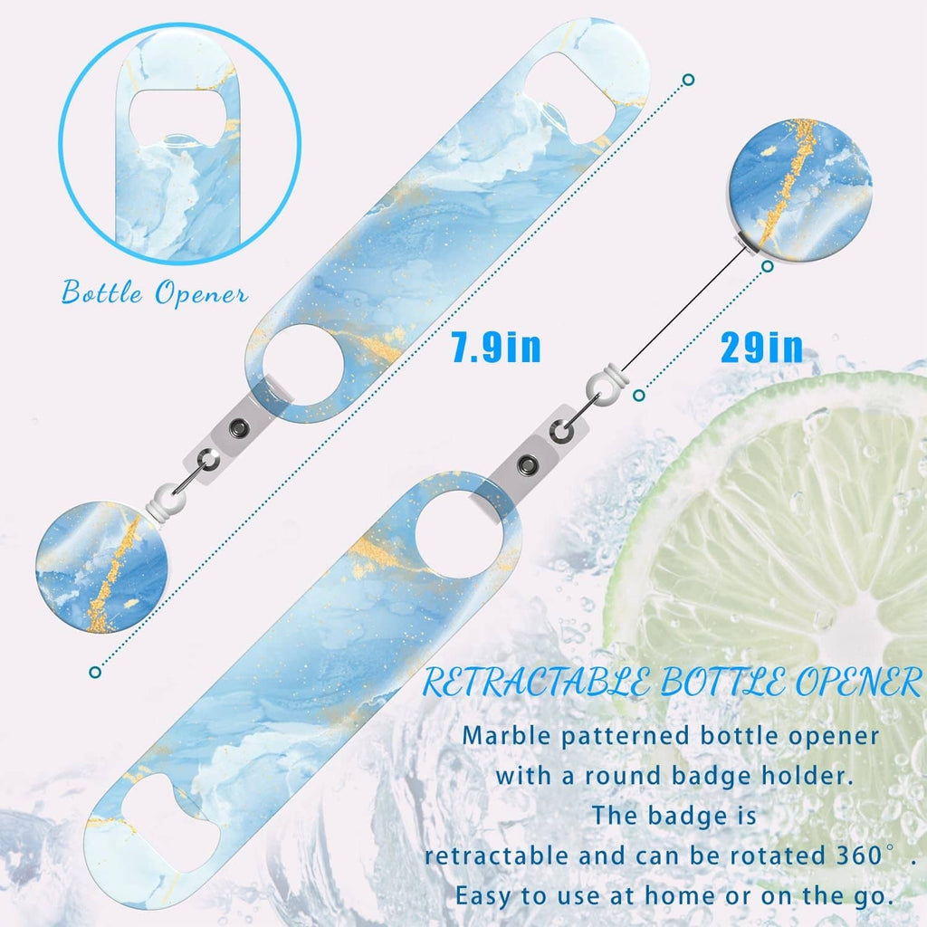 Blue marble-pattern retractable bottle opener with round badge holder