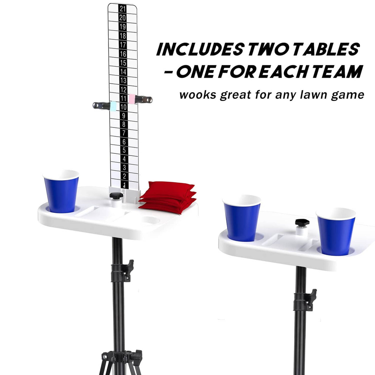 Cornhole scoreboard pair with two tabletop cup holders and numbered score panels