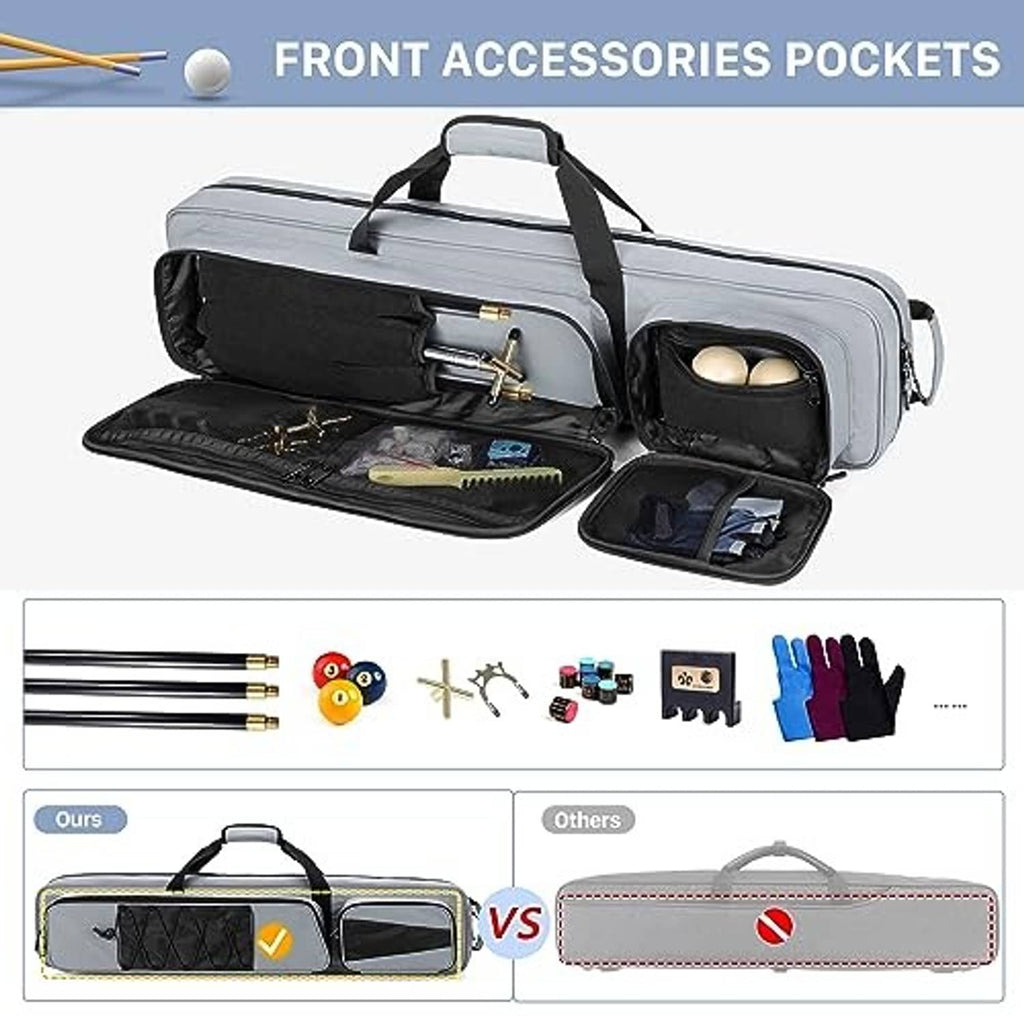 Grey pool cue case with front accessories pockets and open storage organizer