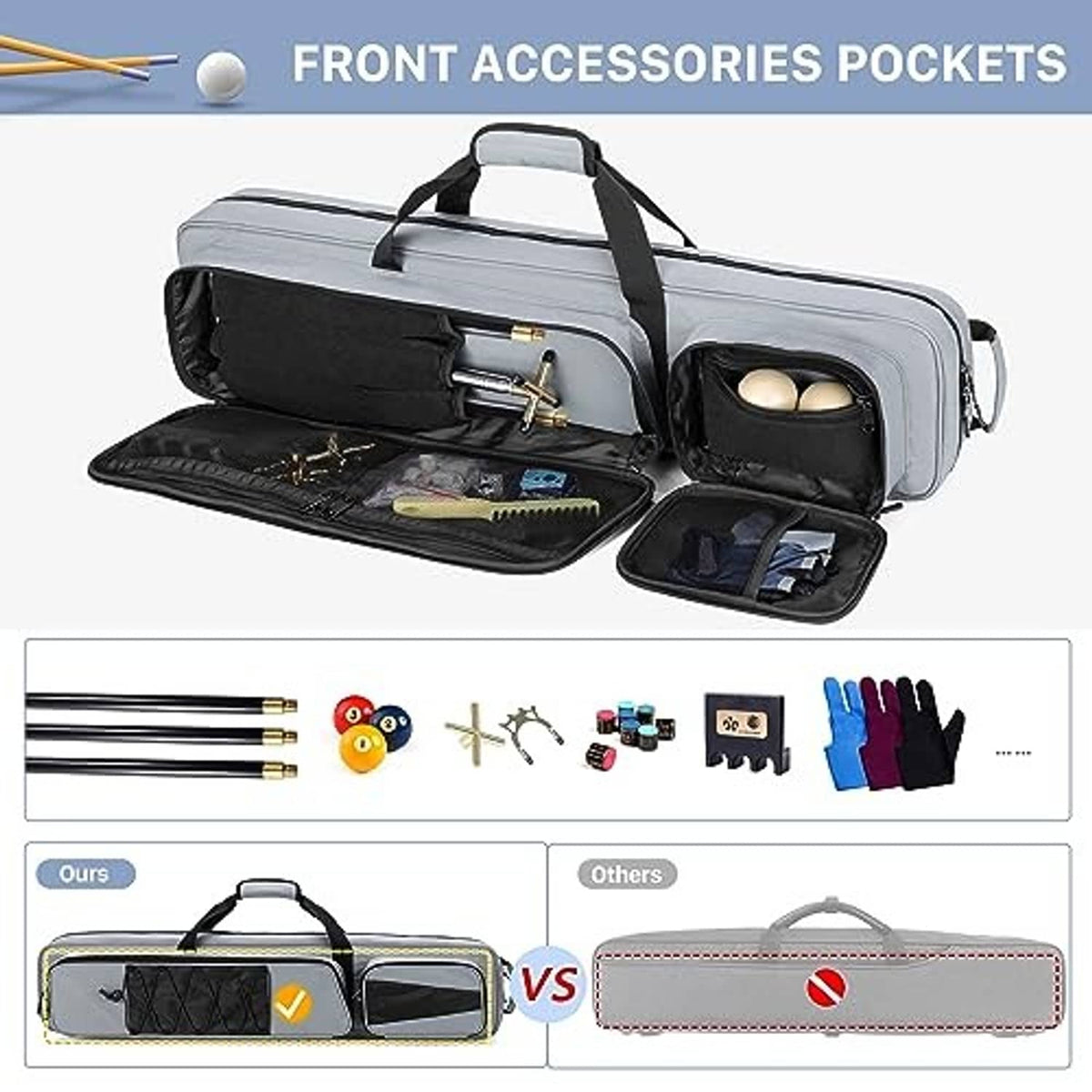 Grey pool cue case with front accessories pockets and open storage organizer