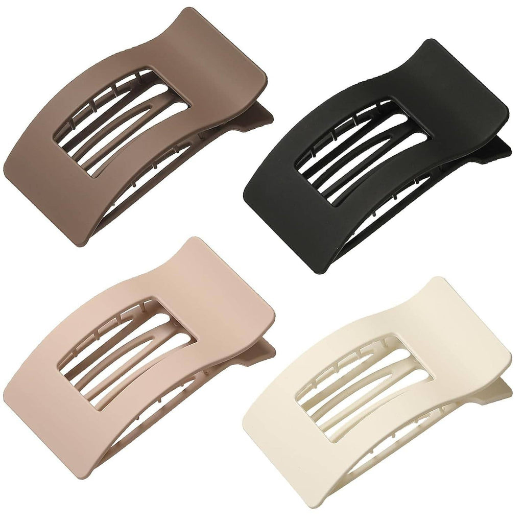 Set of four square flat claw hair clips in brown, black, and cream.
