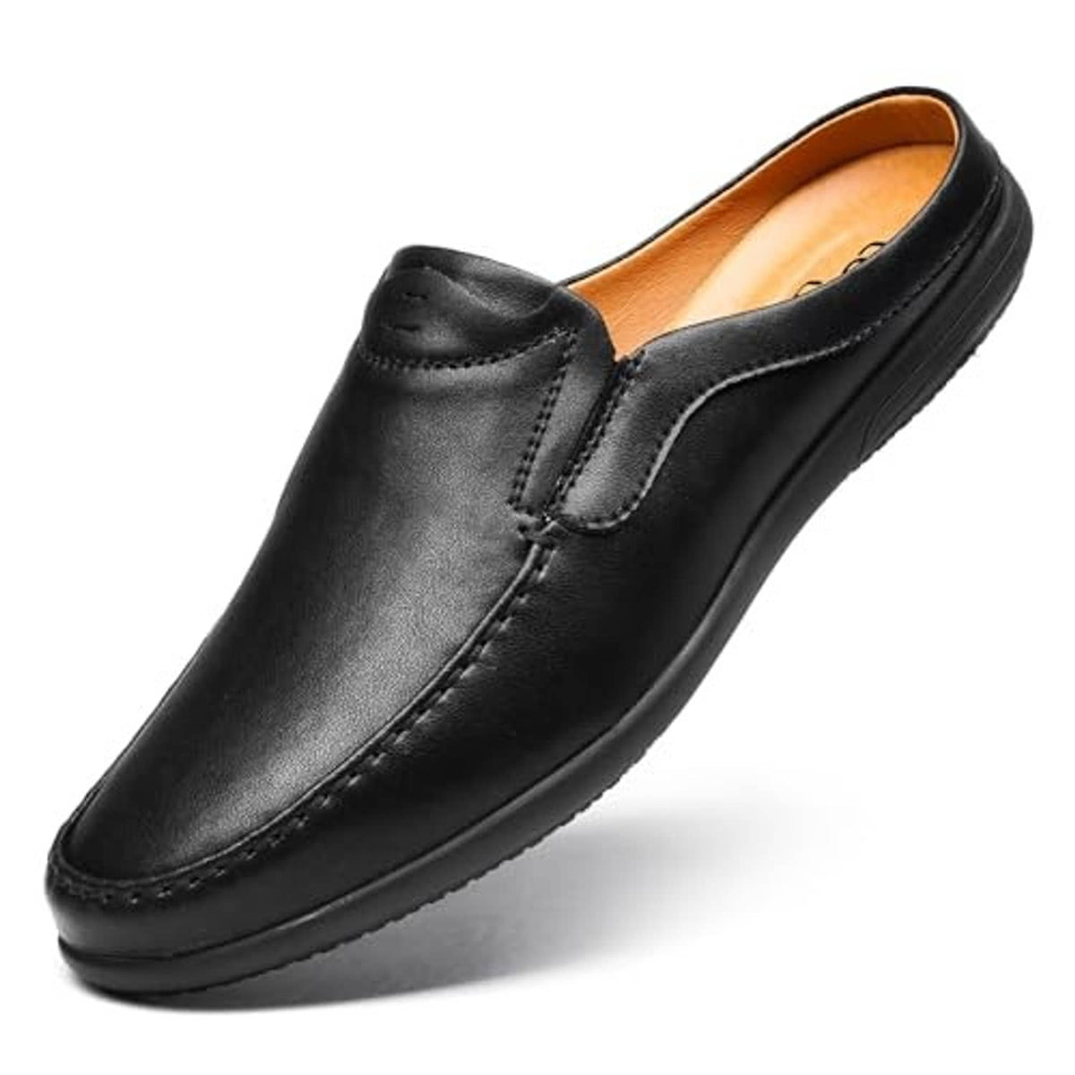 Black men's slip-on loafers with stitched vamp and low-profile rubber sole