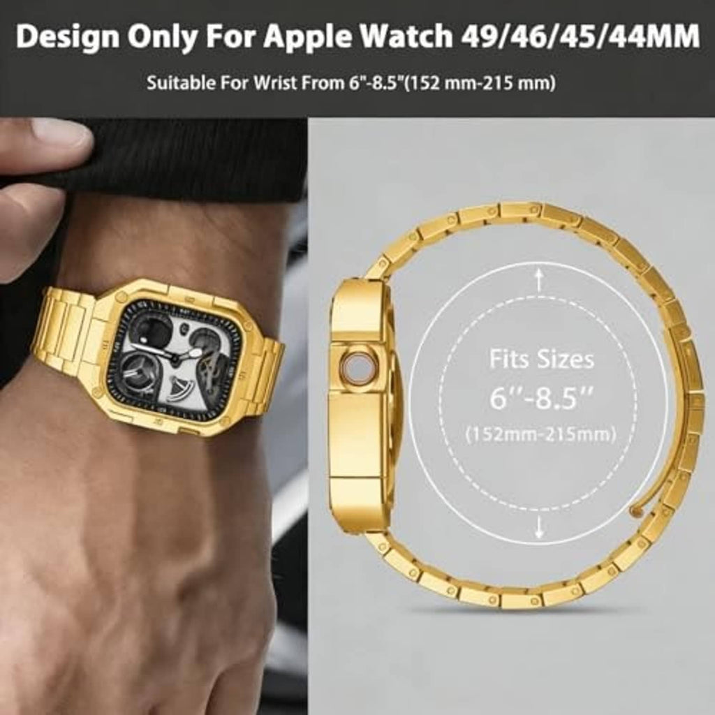 Gold-tone watch band and case with black multi-dial face, smooth octagonal bezel