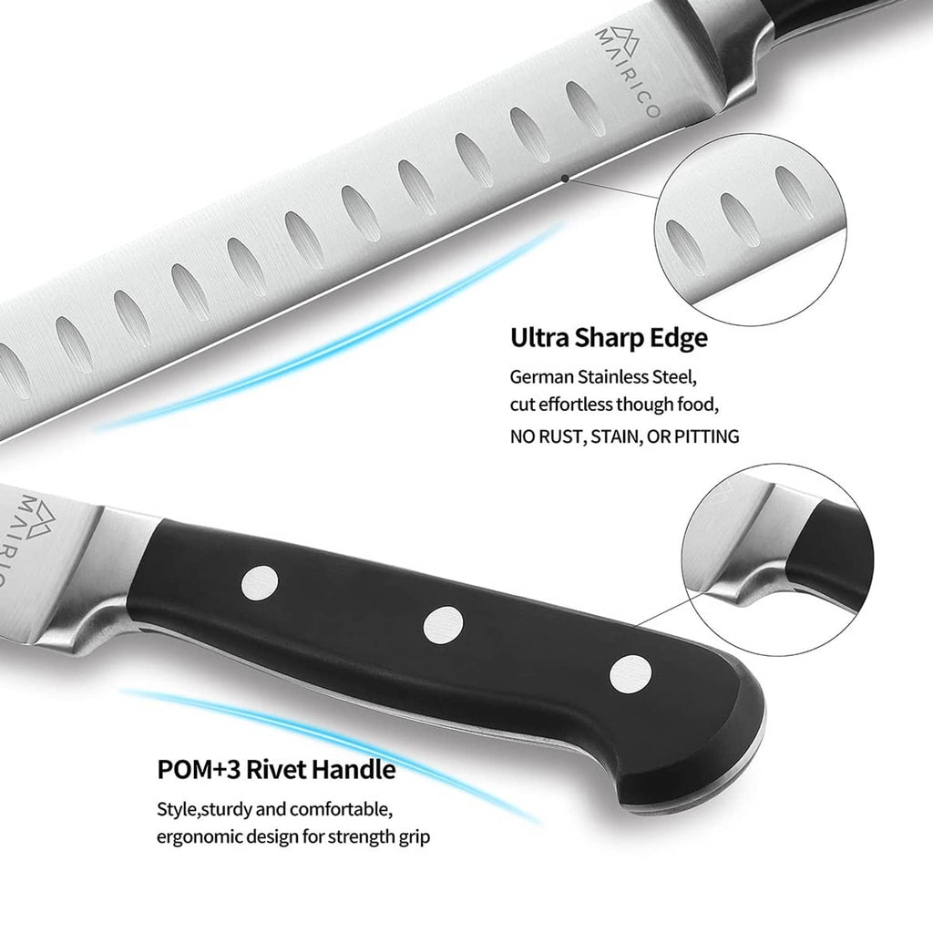 Mairico brisket slicing knife close-up of stainless edge and black POM+3 rivet handle