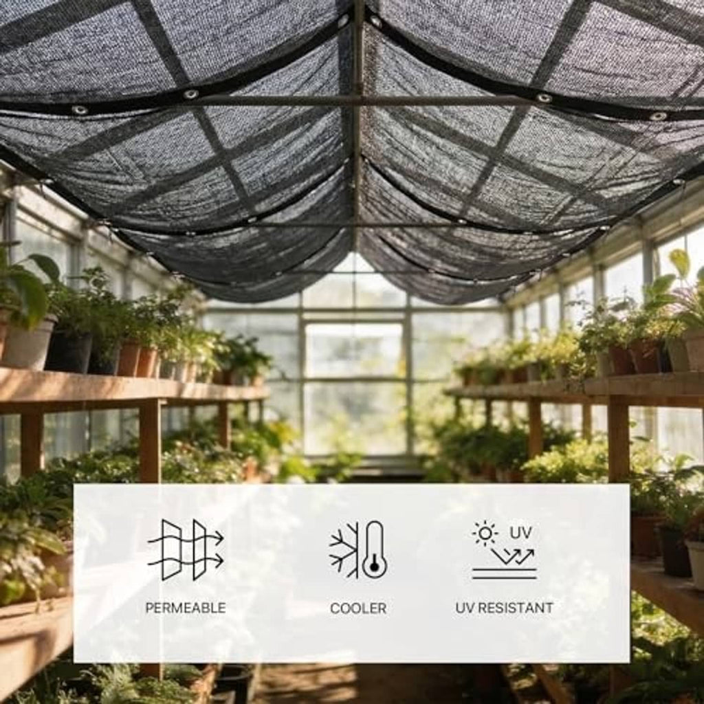 Black shade netting canopy over plants, with breathable mesh and reinforced corners