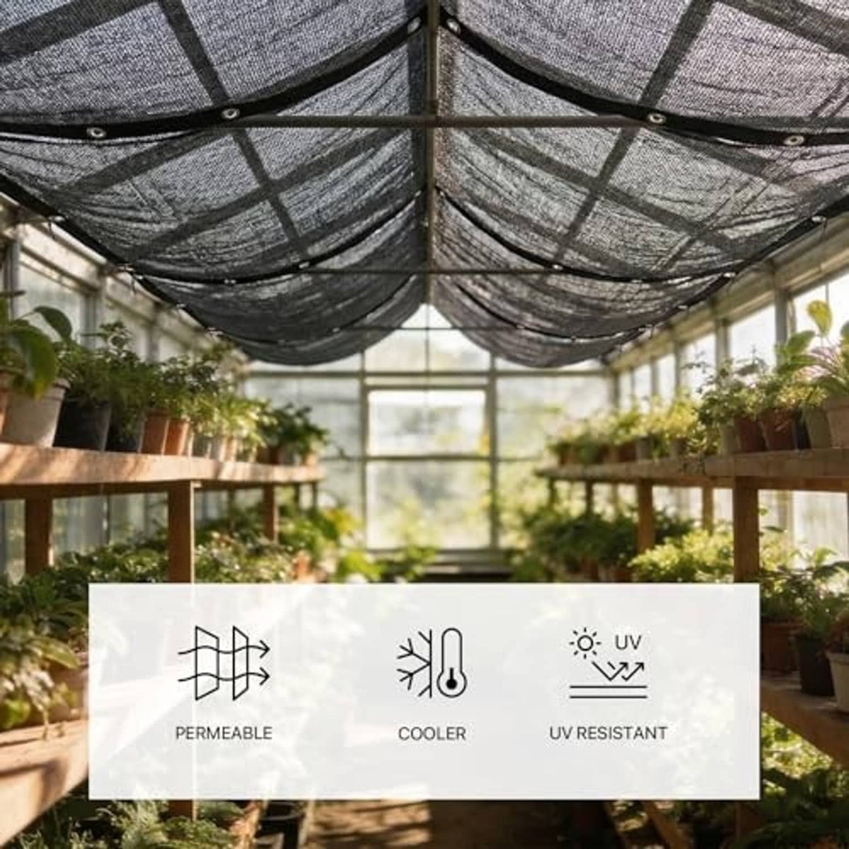 Black shade netting canopy over plants, with breathable mesh and reinforced corners