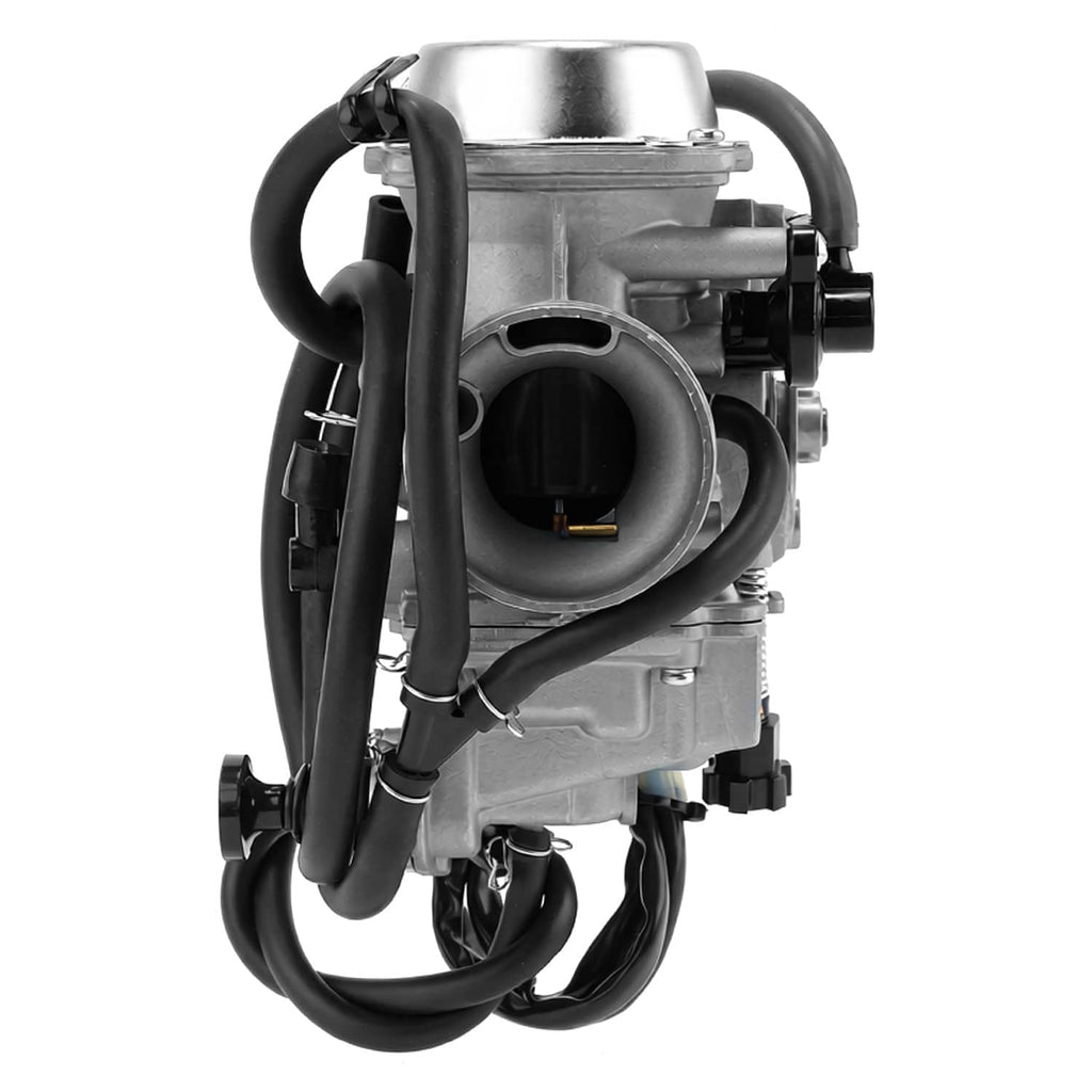 Carburetor intake manifold, silver body with side ports, black hose set, and round throttle opening