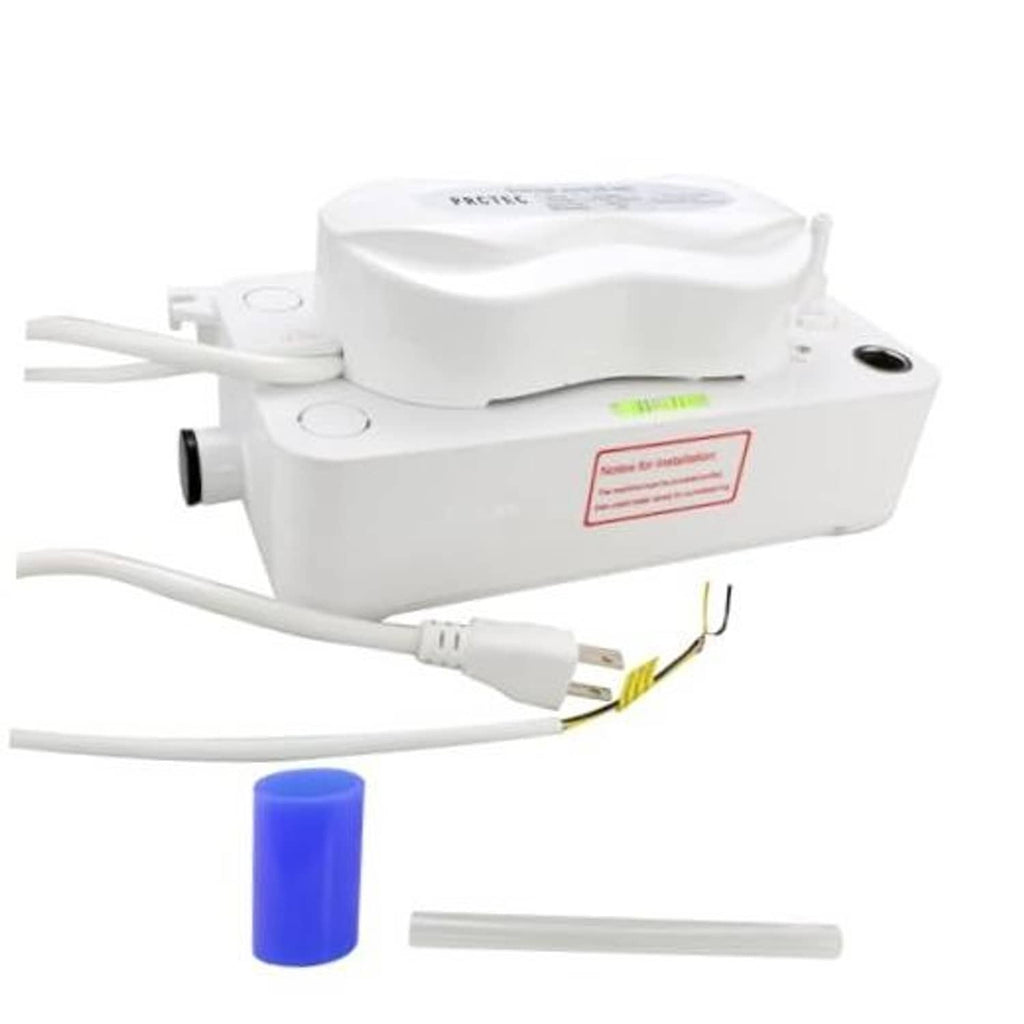 White automatic condensate pump with attached hoses and blue inlet filter cap.