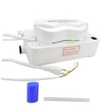 White automatic condensate pump with attached hoses and blue inlet filter cap.