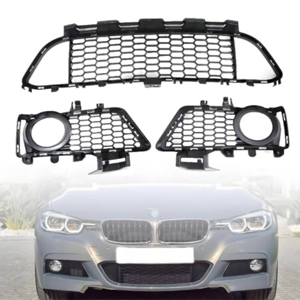 Front bumper grille set with black honeycomb mesh, left and right grilles with round openings