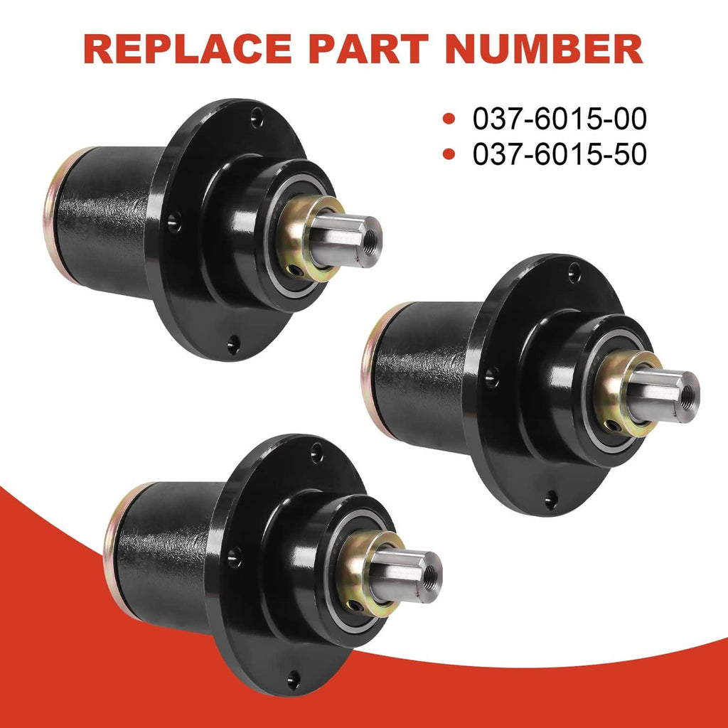 Three black spindle deck assemblies close-up, each with steel axle and flange