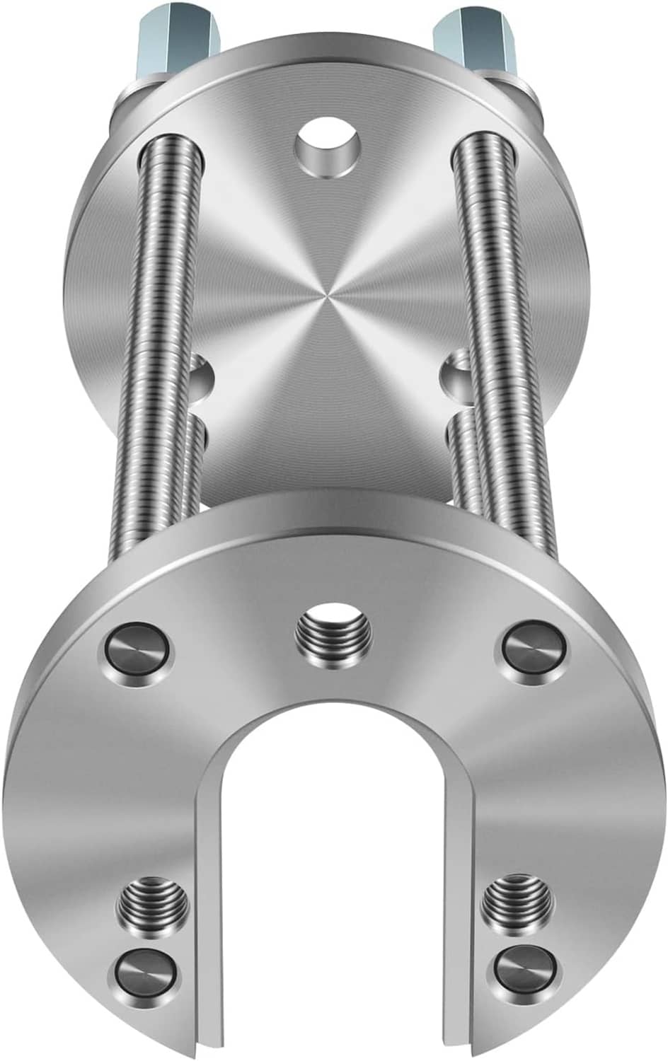 Close-up boat prop puller tool with two circular plates and four threaded rods
