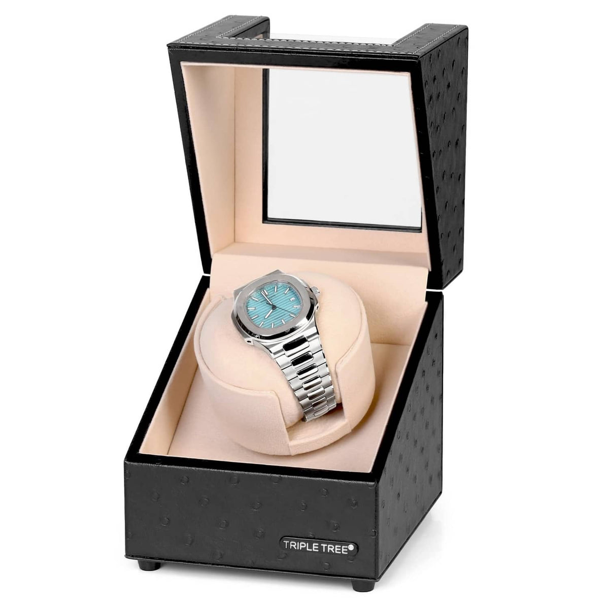 Black single watch winder with open lid and beige pillow, showing a wristwatch inside