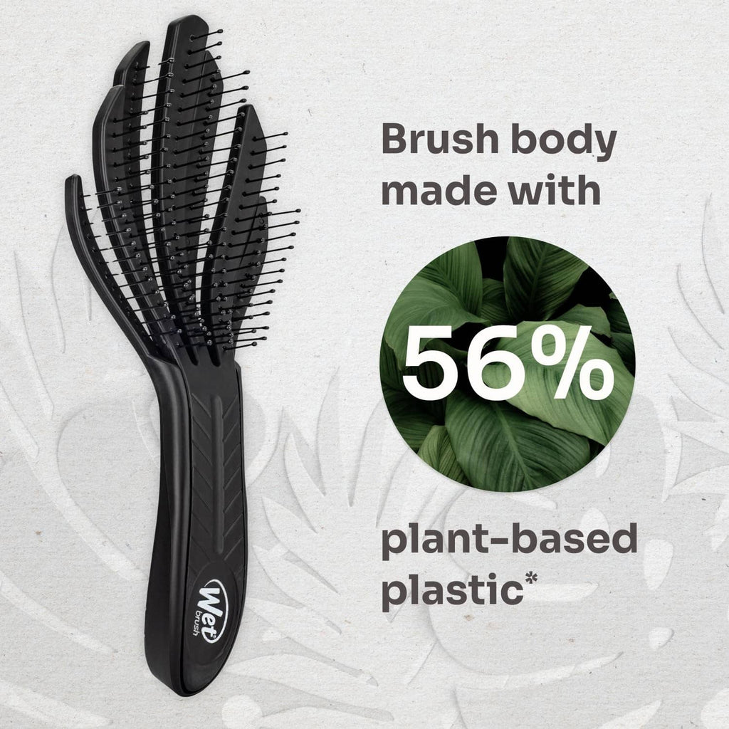 Black Wet Brush detangler brush with pin-filled head and plant-based plastic claim