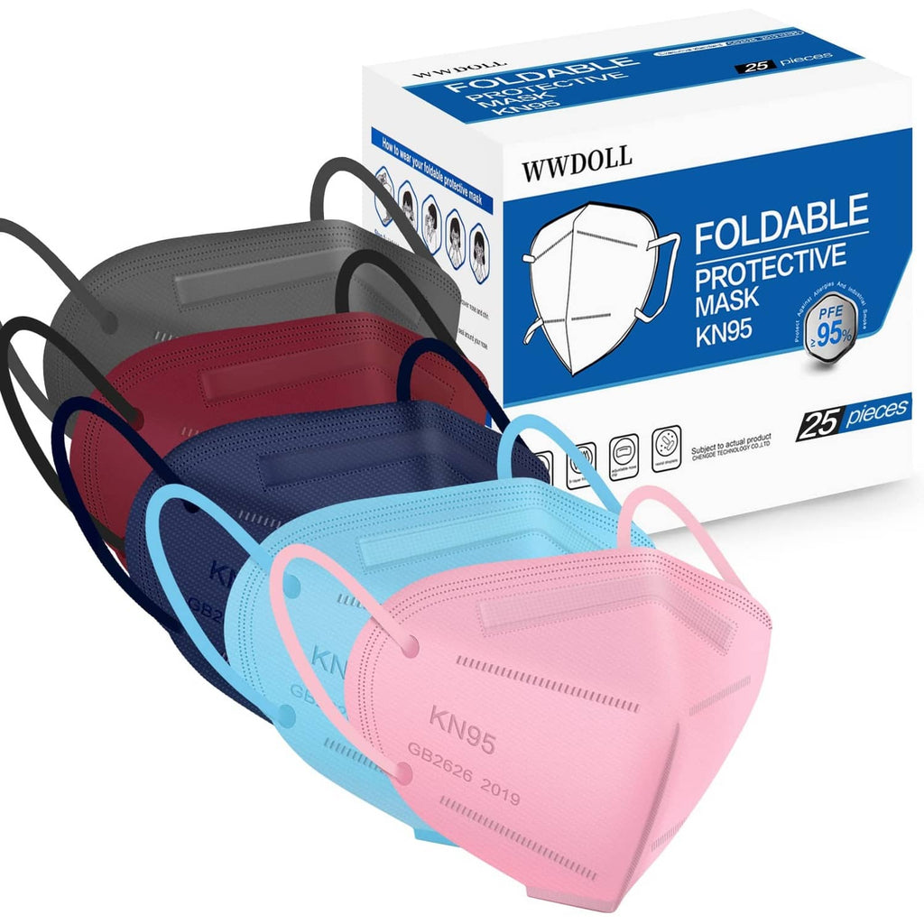 KN95 face mask pack with multiple colors, pleated design, and adjustable ear loops