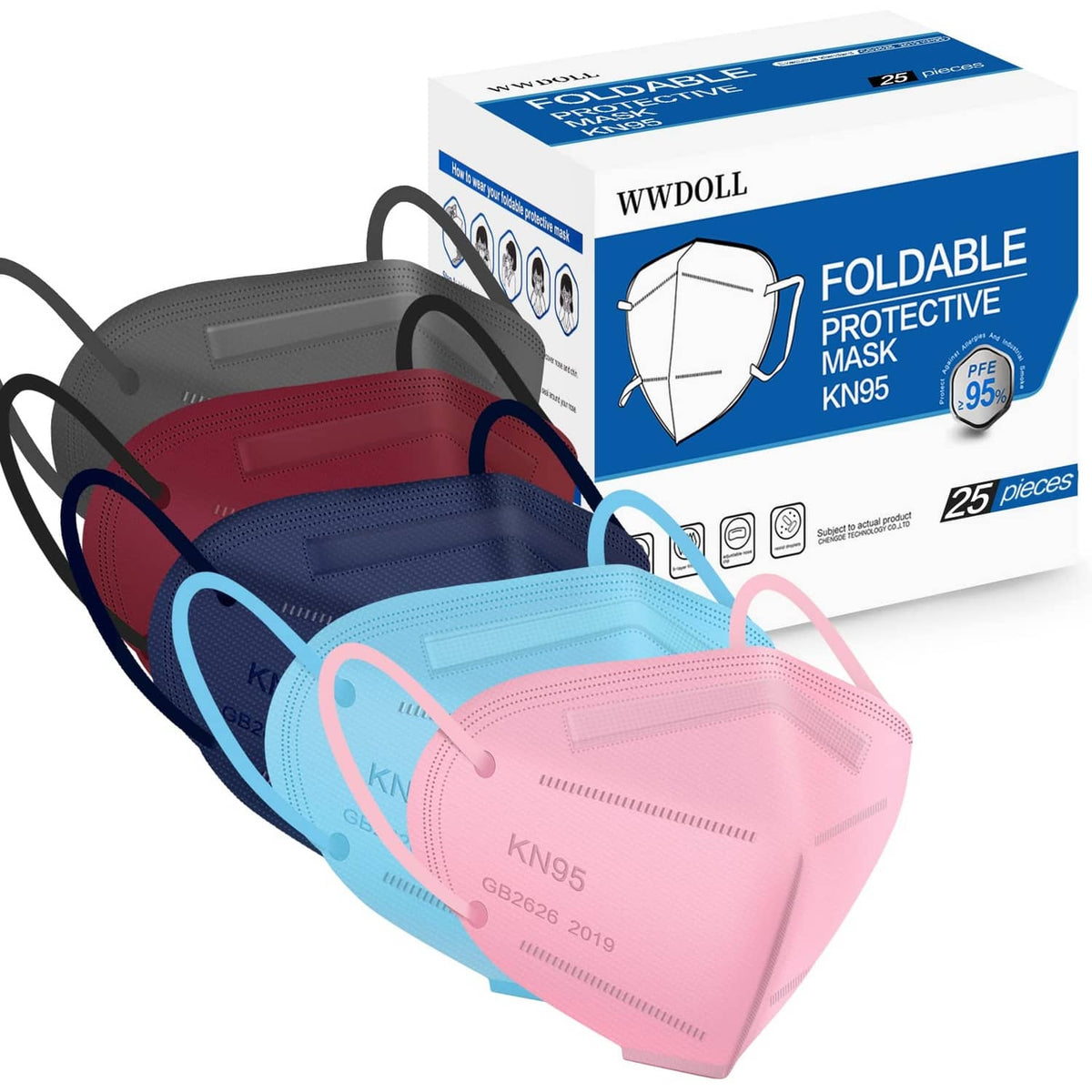 KN95 face mask pack with multiple colors, pleated design, and adjustable ear loops