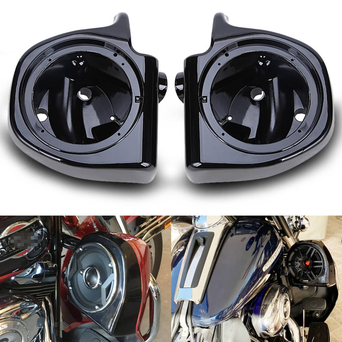 Glossy black 6.5in speaker pod enclosures, pair with circular grills and mounting tabs.