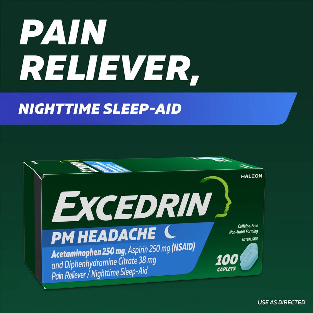 Headache sleep-aid caplets box, dark green front panel with caffeine-free 100 count