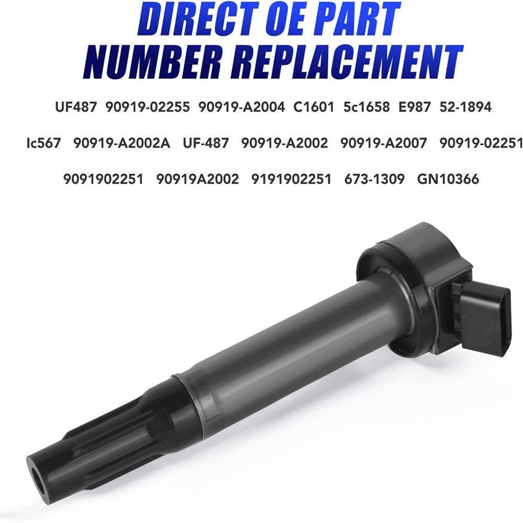 Ignition coil with long black body and rectangular electrical plug connector