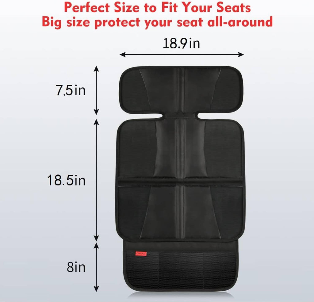 Black fitted car seat protector with padded covers and center straps