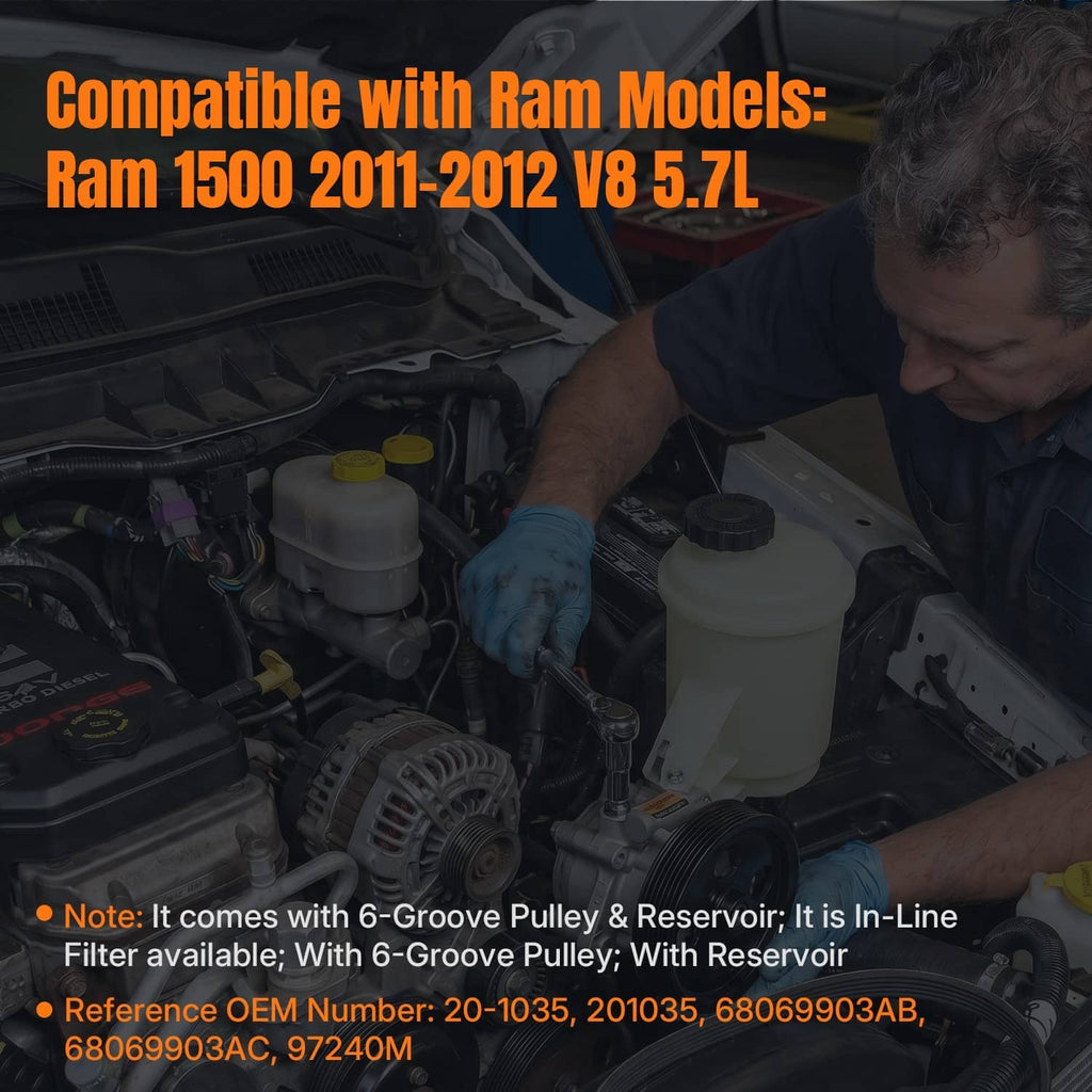 Engine bay view with off-white power steering pump reservoir and pulley