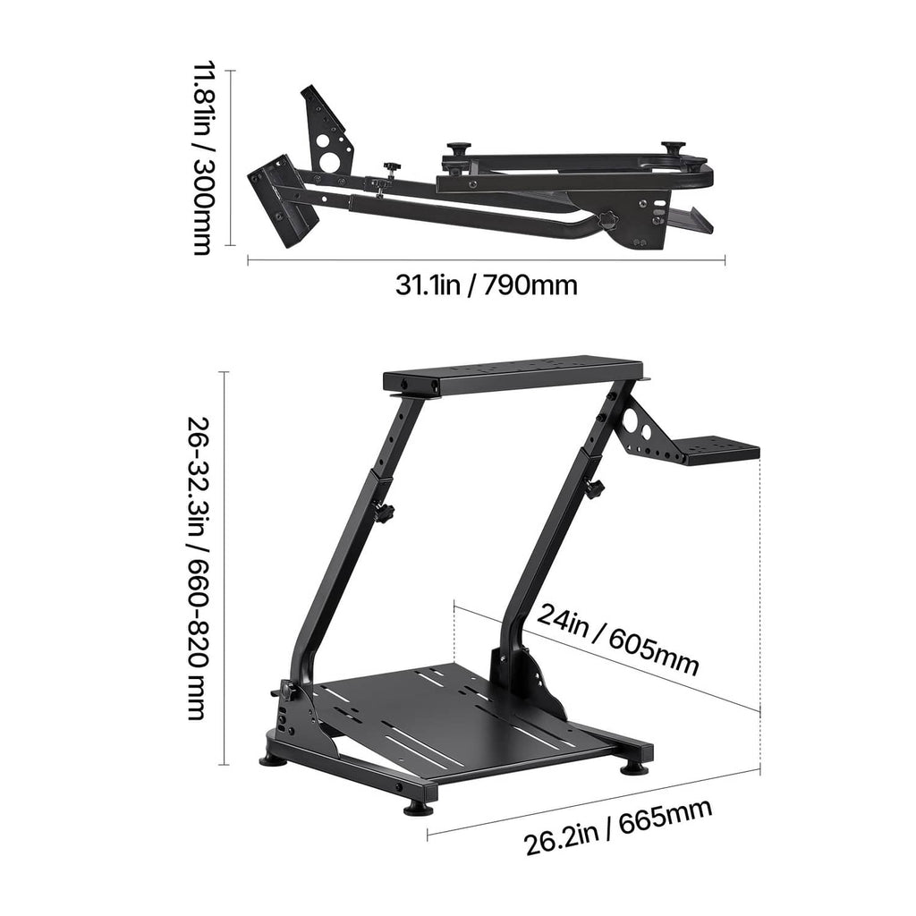 Foldable racing wheel stand side view shown with overall dimensions and platform size