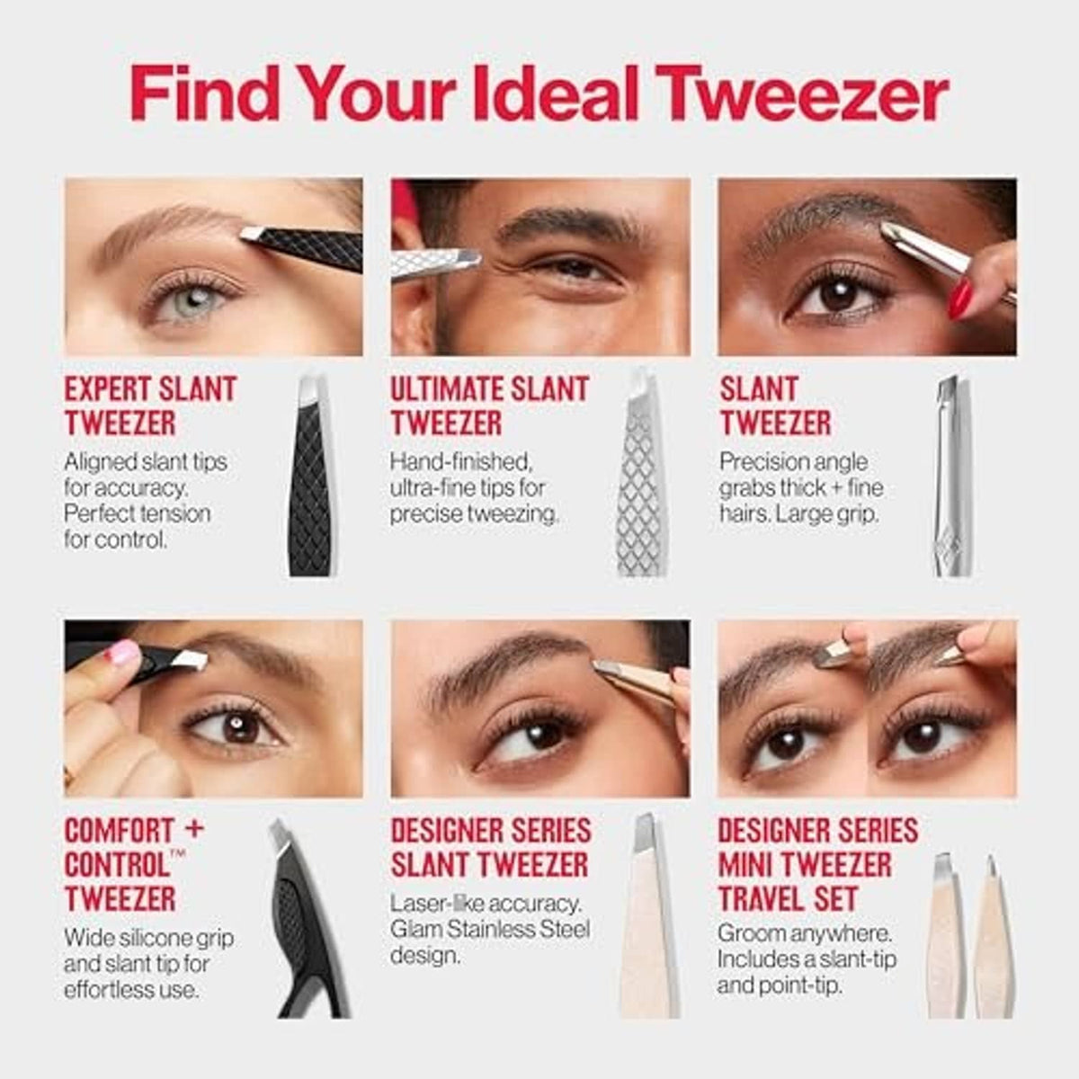 Assorted Revlon slant tweezers with angled tips, shown in multiple brow application views