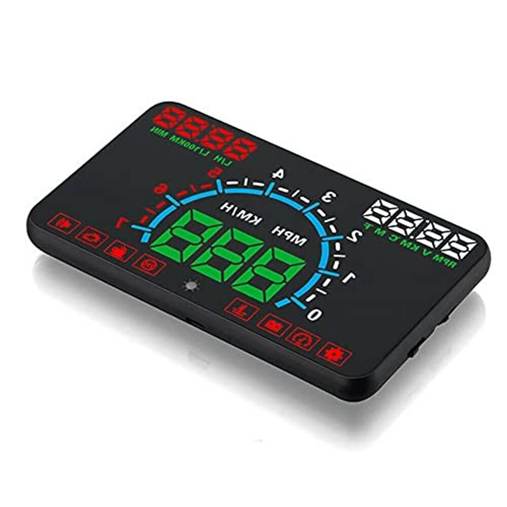 Black car HUD speed display module with green digits and multi-color gauge ring