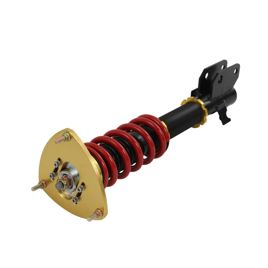Front suspension coilover strut with red coil spring and gold mounting plate