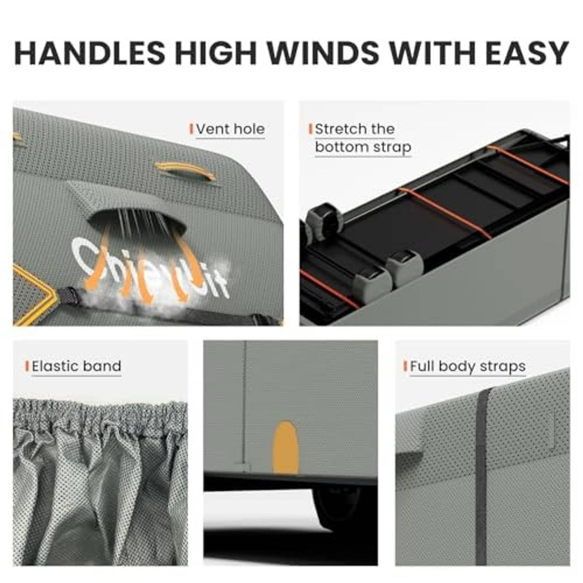 Gray RV travel trailer cover with vent hole and adjustable bottom stretch strap