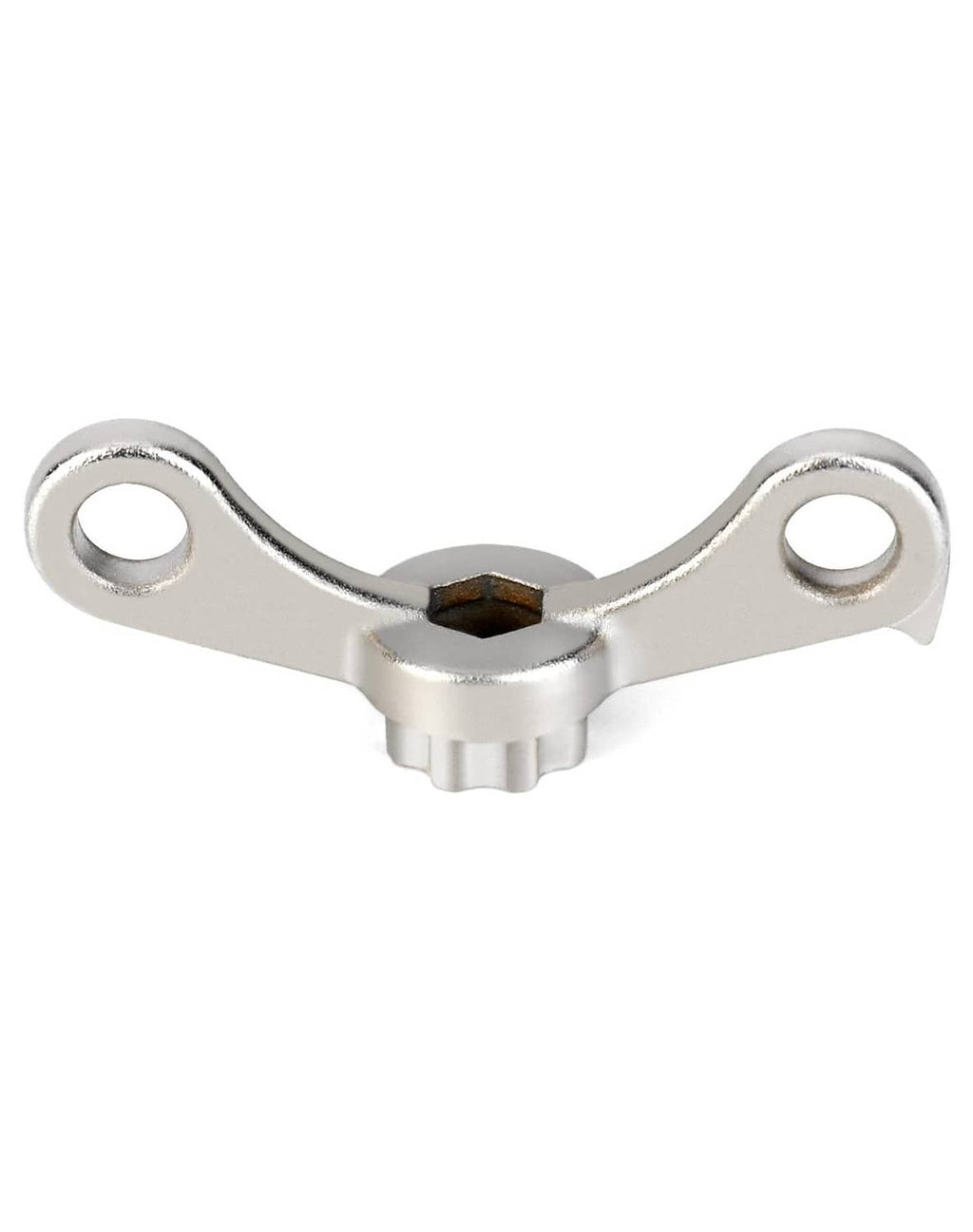 Silver bike crank dust cap removal wrench, two round eyelets with hex socket