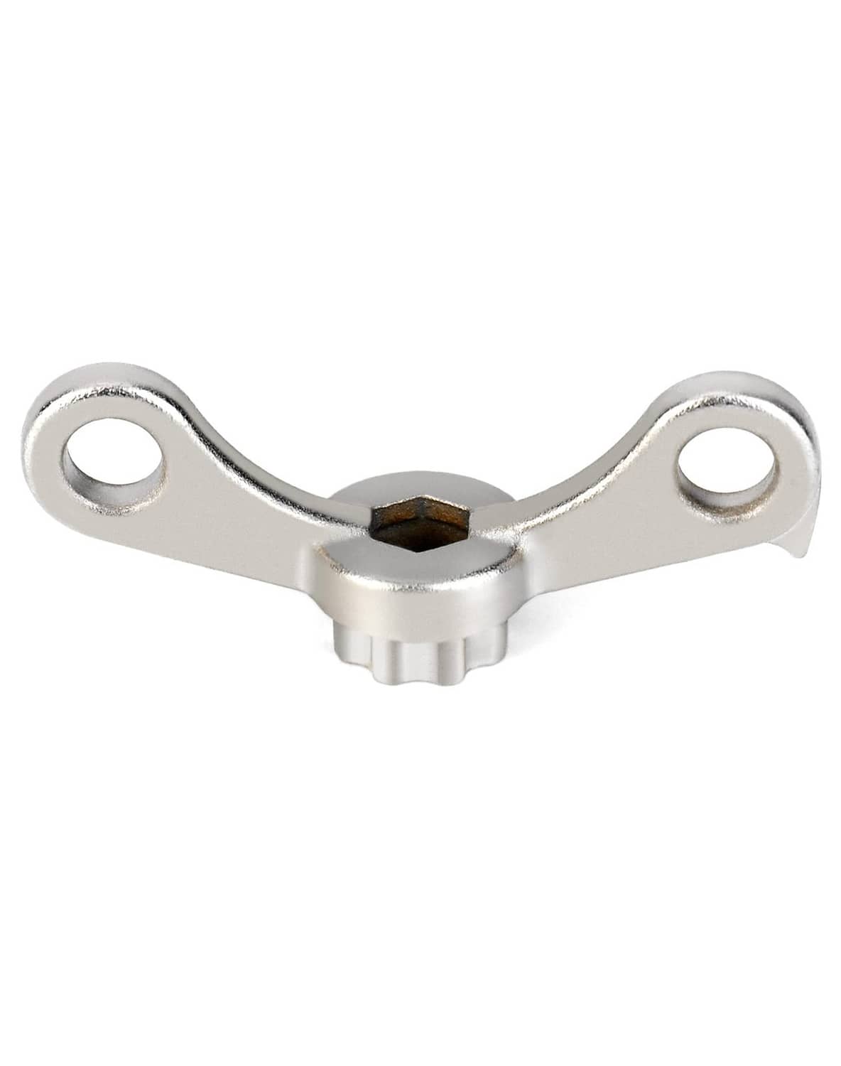 Silver bike crank dust cap removal wrench, two round eyelets with hex socket