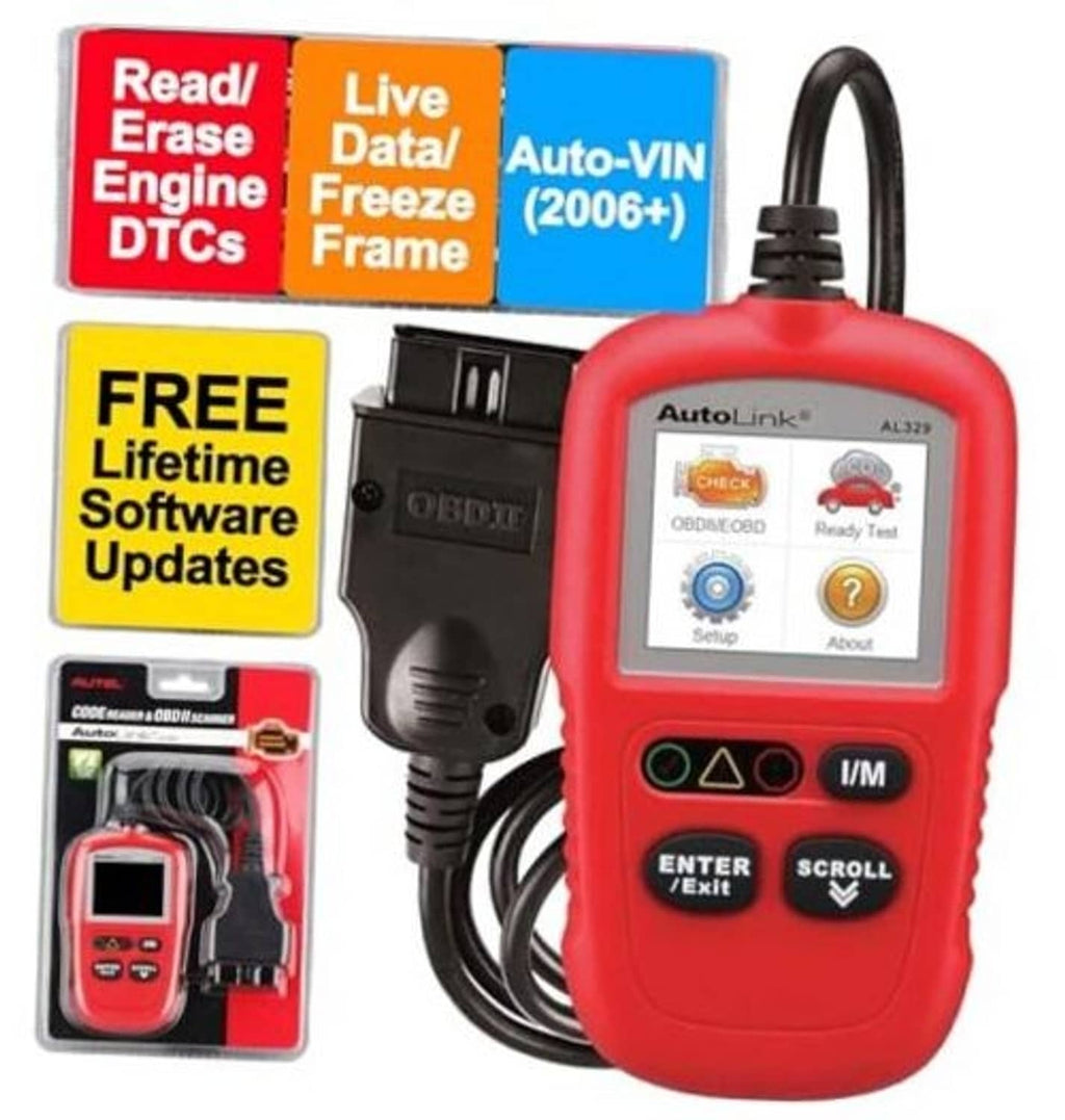 Red handheld OBD2 scanner with color screen and buttons; front display visible.