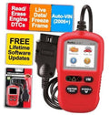 Red handheld OBD2 scanner with color screen and buttons; front display visible.