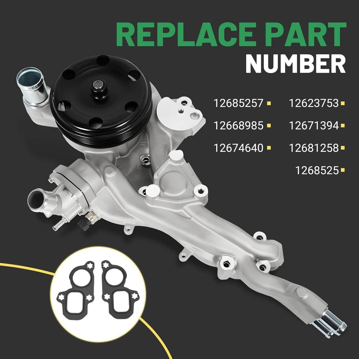 Water pump assembly with black pulley and thermostat housing, includes gaskets