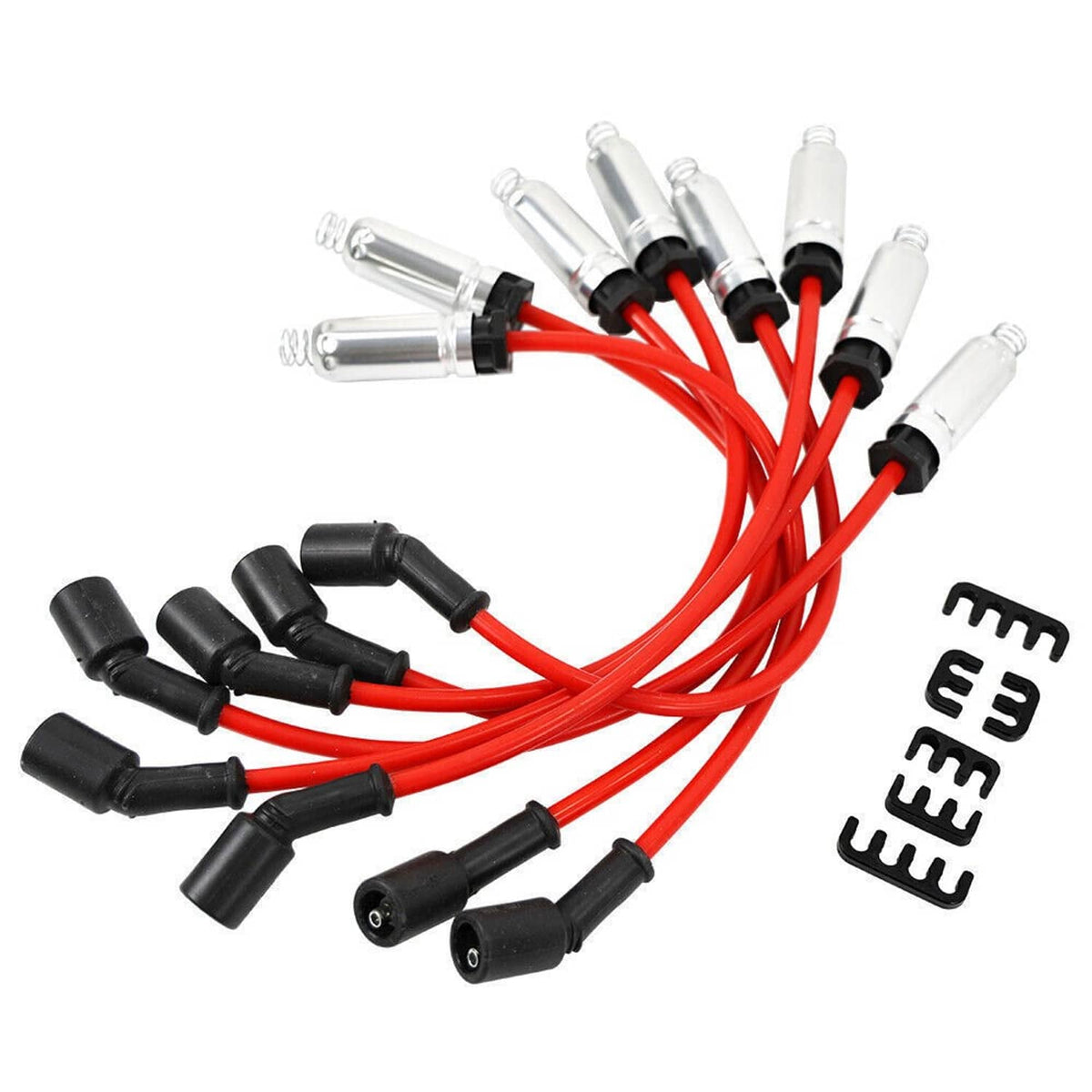 Ignition coil and spark plug harness with red wires and black boots