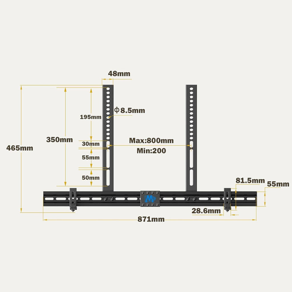 Soundbar mount bracket layout diagram with size measurements and mounting rails