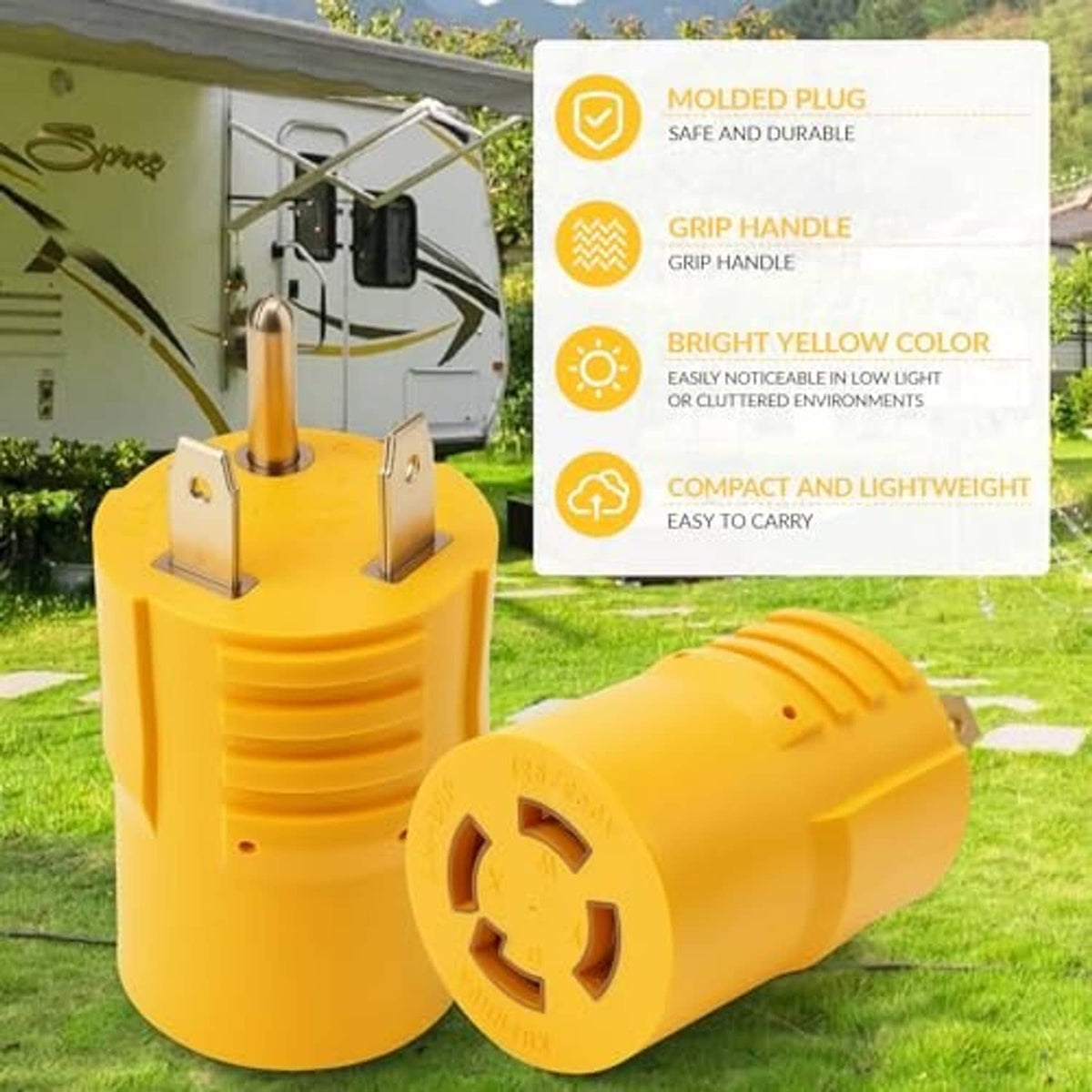 Yellow generator transfer switch adapter with molded plug body and prongs